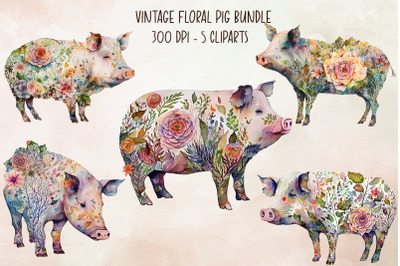 Vintage Floral Pig Cliparts Bundle