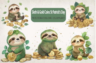 Sloth &amp; Coins St Patrick&#039;s Day Clipart Bundle