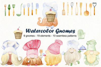 Watercolor chef gnomes clipart.