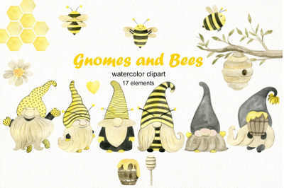 Watercolor gnomes and bees.