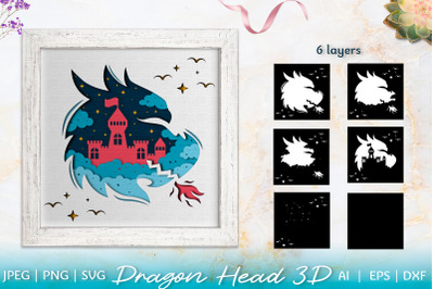 3D Papercut Dragon head with castle | Shadow Box Layered