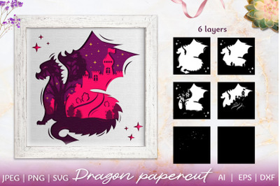 3D Papercut Dragon Scene with castle | Layered Template