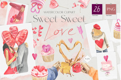 Sweet Love Couple Watercolor PNG. Cupcake Clipart