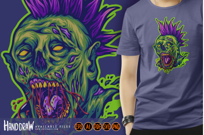 Terror monster zombie head punk style illustration