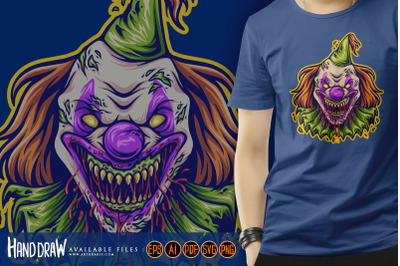 Horror circus clown head cartoon logo illustration