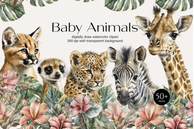 Watercolor Safari Baby Animals Clipart