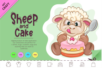 Cartoon Sheep and Cake. Clipart.