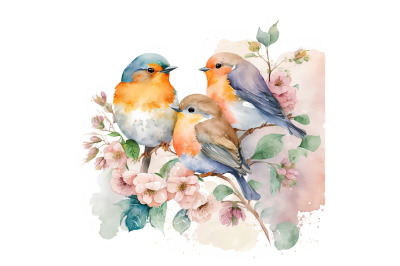 Watercolor Birds with Flowers