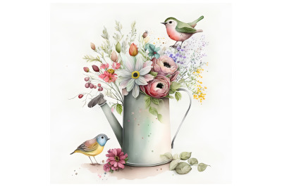 Watercolor Watering Can with Birds