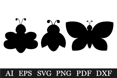 Bee silhouette. Ladybug silhouette. Butterfly silhouette