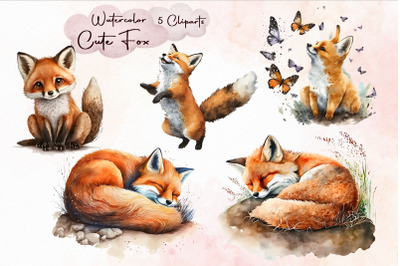 Watercolor Cute Fox Cliparts Bundle