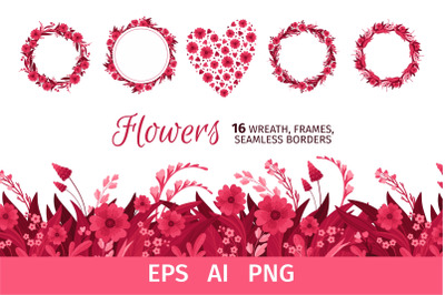 Viva Magenta! Flower Frames, Wreaths, Seamless Borders. Floral Arrange