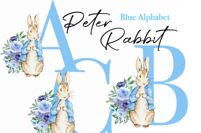 Watercolor Rabbit Blue Floral Alphabet Clipart