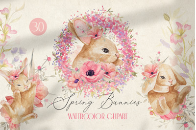 Easter Bunnies and Spring Flowers watercolor clipart