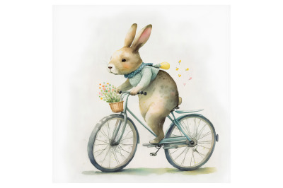 Watercolor Bunny on a Bicycle