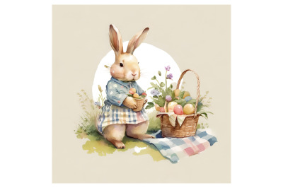Watercolor Bunny with Baskets