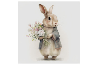 Watercolor Bunny with a Bouquet