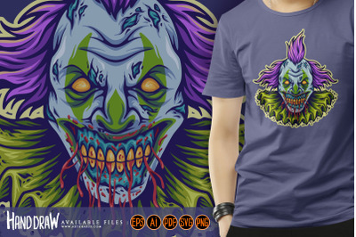 Spooky circus clown head cartoon logo illustration