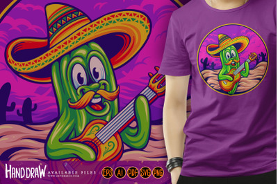 Mexican cactus cinco de mayo sombrero guitar illustrations