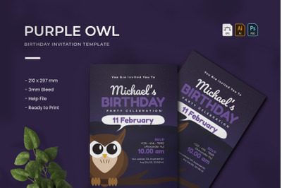 Purple Owl - Birthday Invitation