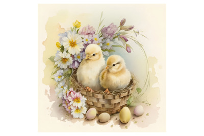 Watercolor Chicks in a Basket