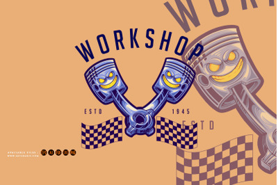 Angry motor piston racing garage workshop cartoon logo mascot Illustra