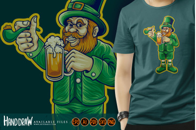 St patrick&#039;s beer day leprechaun cartoon logo illustrations