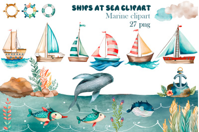 Funny ships at Sea&2C; Cute Nautical Kids Art