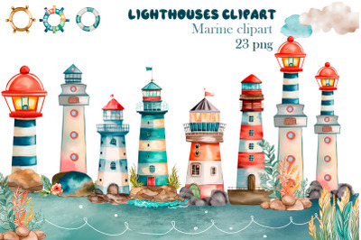 Colorful watercolor lighthouses set. Kids Art