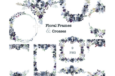 Watercolor floral frames with Cross. Floral Religious Cross clipart.
