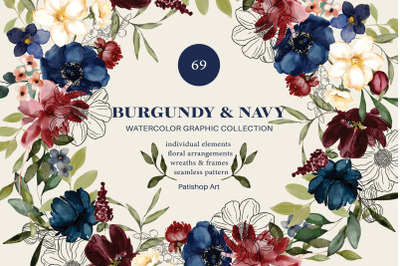 Burgundy &amp; Navy Watercolor Roses Clipart Collection