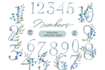 Watercolor Floral Number Clipart. Dusty blue floral and numbers clipar