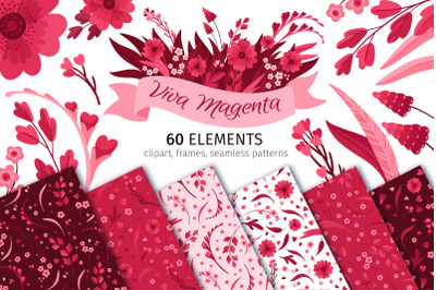 Viva Magenta! Flowers - Clipart, Patterns, Borders, Frames