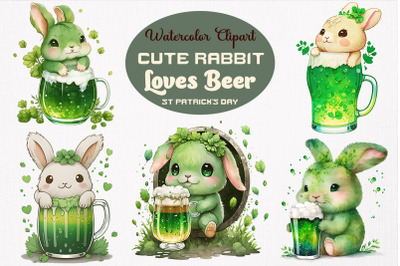 Cute Rabbit Loves Beer St Patrick&#039;s Day Clipart Bundle