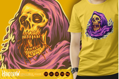 Scary monster skull head grim reaper cartoon mascot illustrations