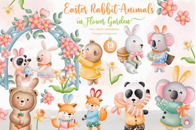 Easter Rabbit Animal in Flower Garden Clipart Collection