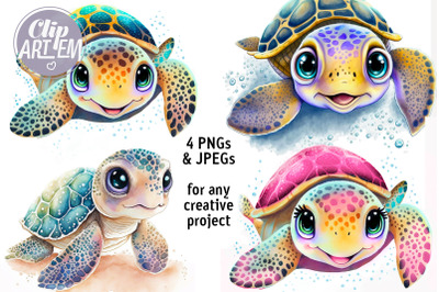 Sweet Baby Turtles Wall Art Watercolor Bundle4 PNGs, 4 JPEGs Wall Art