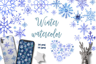 Snowflakes Watercolor Cliparts Set