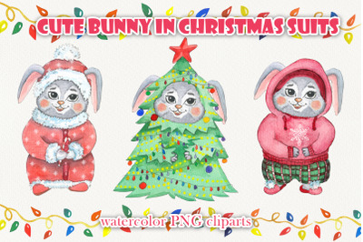 Cute Watercolor Bunny in Christmas Suits