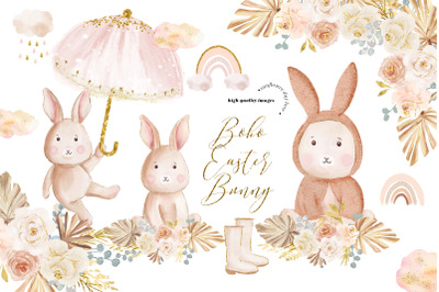 Boho Rainbow Cute Easter Bunny Clipart, Bunnies Easter