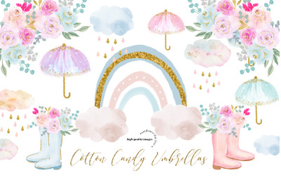 Pink Cotton Candy Umbrellas Clipart, Pink Rainy Boots, Cute Rainbow