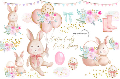 Cute Cotton Candy Easter Bunny Flowers Clipart, Bunnies Easter