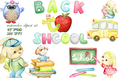Back to School watercolor clipart, cute student animals, owl teacher,