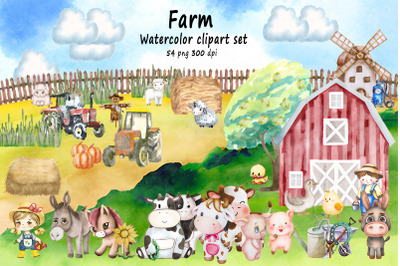 Cute Farm Watercolor Clipart Set PNG