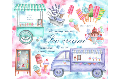 Ice cream watercolor clipart. Ice cream van, tray, shop. Dessert