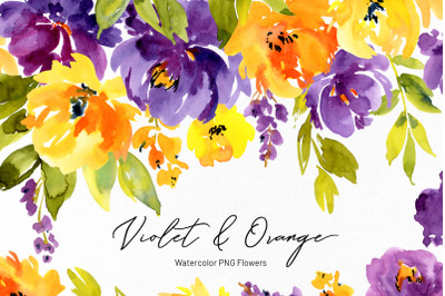 Watercolor Violet &amp; Orange Flowers