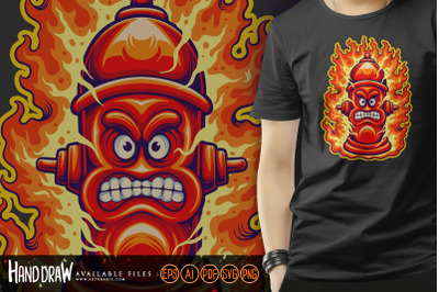 Classic creepy flaming fire hydrant logo cartoon Illustrations