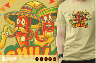 Cute chilli peppers cinco de mayo playing music illustrations