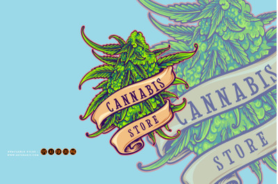 Weed plant store logo with vintage ribbon swirl illustrations