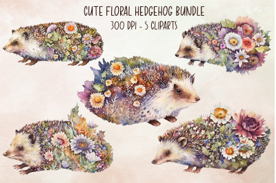 Cute Floral Hedgehog Cliparts Bundle